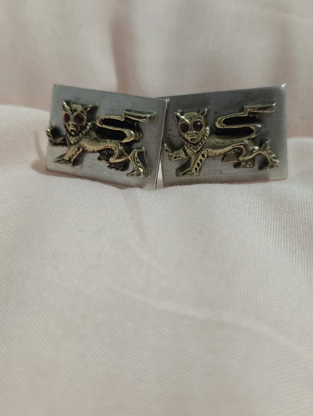 Vintage Gold Lion Crest Cufflinks with Red Eyes - Rectangular Silver Back